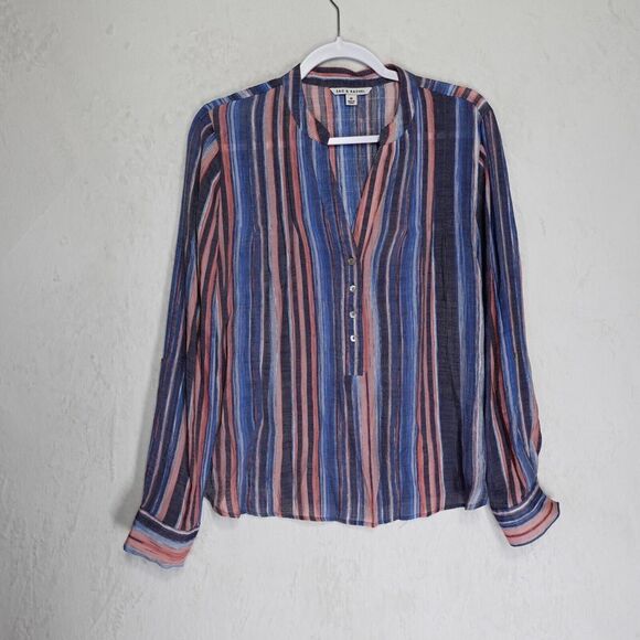 Zac & Rachel Popover Blouse Womens M Multi Stripe‎ Semi Sheer Roll Tab Sleeve - Picture 1 of 15